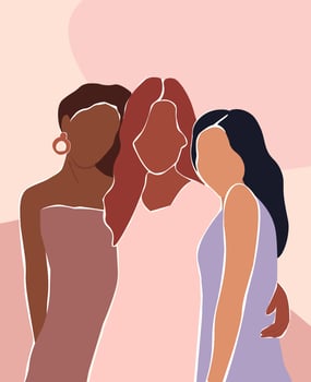 Abstract poster with different women. Beautiful females together force, hug. Vector graphics for postcards, flyers.