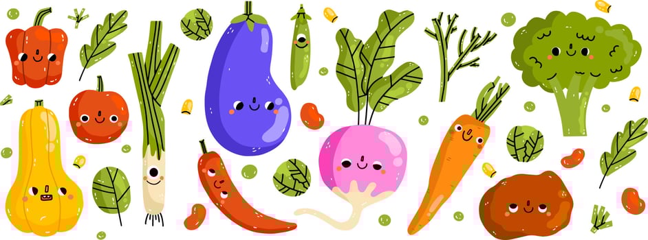 Cute vegetable characters with funny kawaii faces. Happy smiling healthy food set. Fun pumpkin, pepper, radish, potato. Kids flat graphic vector illustration isolated on white background