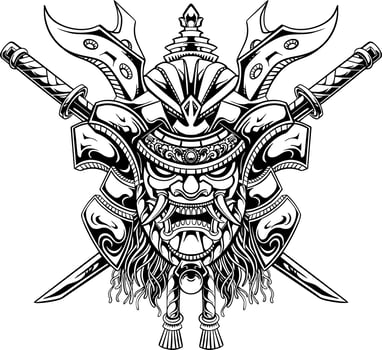 line art of yasuke with japanese samurai mask vector