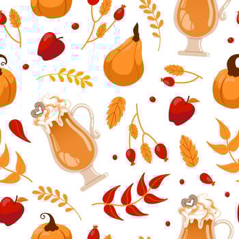 Pumpkin spice lover. international coffee day. Glass with latte foam, pumpkins, autumn leaves and apples. Seamless pattern for cafes, shops, menus, wallpaper, printing on fabric, wrapping. vector