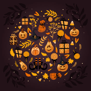 Happy Halloween. Circle with holiday symbols. Gourd pumpkin Jack o lantern, witch hat, striped stockings, lollipop, gifts, autumn leaves and dried flowers. For stickers, posters, cards, design vector