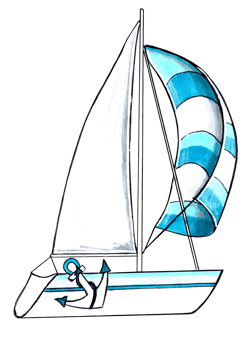 Yacht with aqua color striped sails.  PNG illustration marine life.