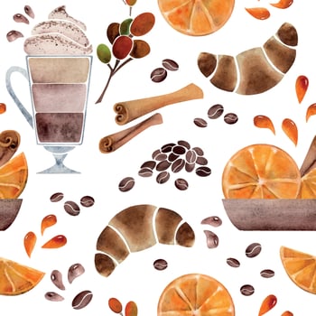 Watercolor hand drawn seamless pattern with coffee cups, beans, orange, cinnamon, croissant, bags. Isolated on white background. For invitations, cafe, restaurant food menu, print, website, cards vector