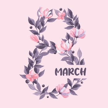 Hand Drawing Watercolor Illustration of March 8th. International Women's Day, Eight. Flowers Number. Abstract pink and violet Watercolor Greeting Card vector