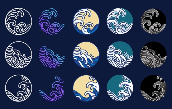 Water and ocean wave line art logo vector illustration. Oriental style graphic design.