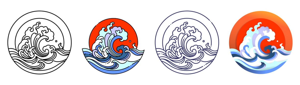 Wave water and sun vector art illustration.
