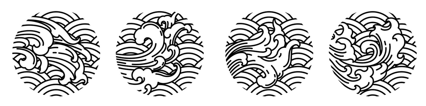 traditional water wave line art in moon shape vector