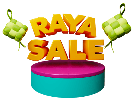 Raya sale sign with 2 ketupat icon floating on podium pedestal for Eid mubarak Ramadan Kareem Raya islamic festival 3d illustration. Translate Islamic Malay festival sale png