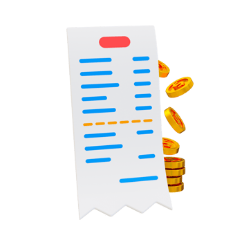 3d electricity bill. cost saving concept. shopping bill icon with a pile of money. png