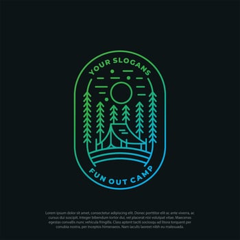 Adventure Badge Design for Campers with, Mountain Silhouette, Retro Wilderness Badge Logo for Outdoor Exploration, Vintage Camp Emblem with Forest and Tent Line Art, vector