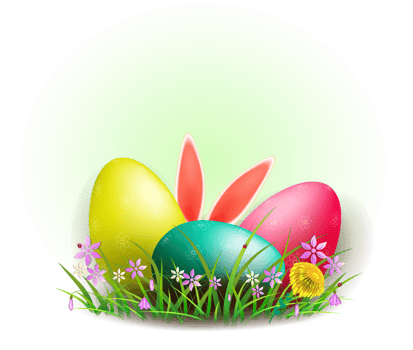 Easter eggs with rabbit ears and willow branch, green color composition with grass and flowers. png