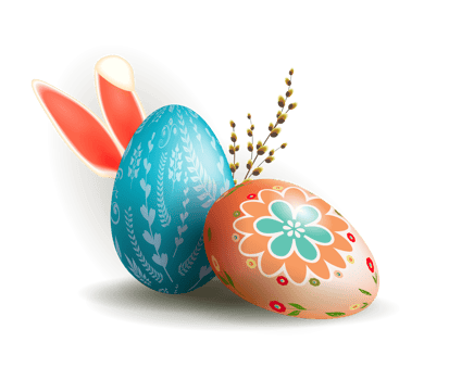 Easter eggs with bunny ears and willow branch, green composition with blackboard silhouette, oval abstract frame. png