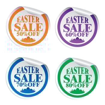 Easter sale stickers 50,60,70,80 with eggs in the grass colorful vector