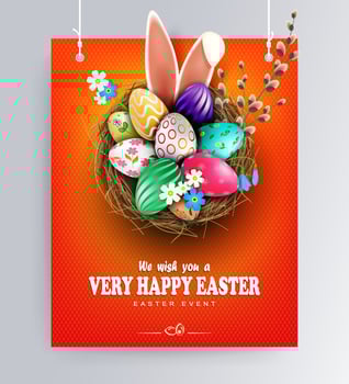 Easter orange design with nest, patterned eggs, bunny ears and willow twig. vector