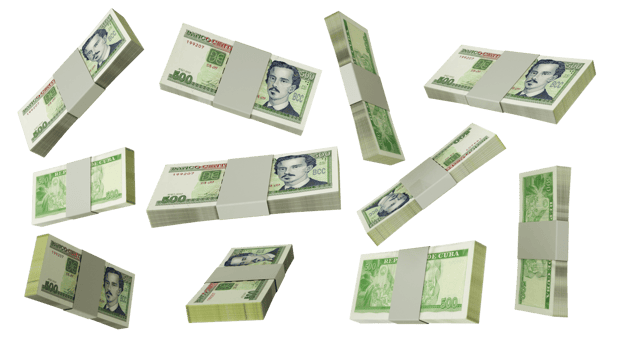 3D rendering of  stacks of 500 Cuban Peso notes flying in different angles and orientations png
