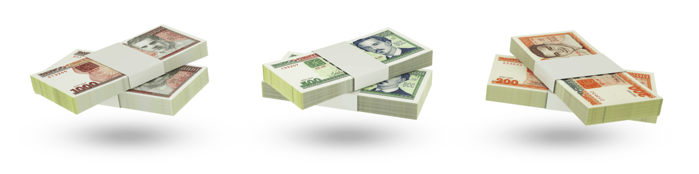 Set of stacks of Cuban Peso notes in different denominations. 3d rendering png