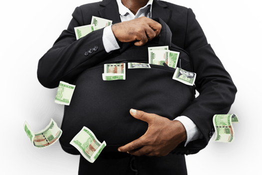 Black Businessman holding black bag full of Cuban Peso notes isolated on transparent background, money falling from bag png