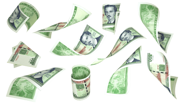 3D rendering of 500 Cuban Peso notes flying in different angles and orientations png