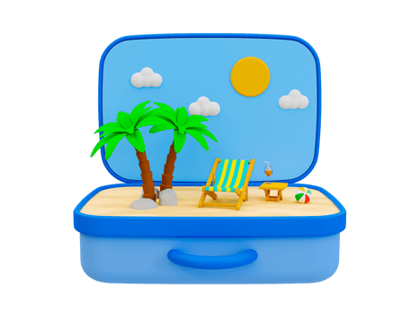 3d minimal summer theme. Beach theme. summer vacation time. luggage with beach compositions. 3d rendering. png