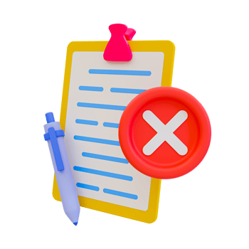 3d minimal wrong document. paperwork rejected. disapproved, no, False, not Ok. document clipboard with a pen and Red cross circle. 3d illustration. png