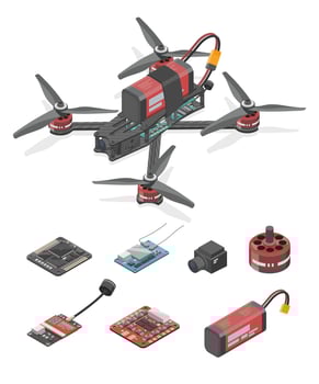 FPV Drone Racing freestyle RC Drone Parts Element DIY Pro sport flight Product system hobby Toys isometric isolated illustration on white vector
