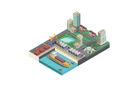 Modern Vector isometric icon or infographic element representing low poly cargo port with cranes loading containers on the container ship, trucks, forklifts