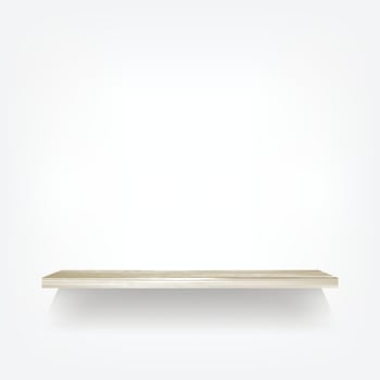 Empty wood shelf on white background with soft shadow. 3D empty wooden shelves on white wall. Vector illustration.