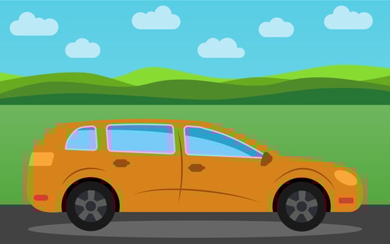 Yellow car in the background of nature landscape in the daytime. Vector illustration.