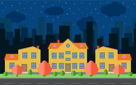 Vector night city with cartoon houses and buildings. City space with road on flat style background concept. Summer urban landscape