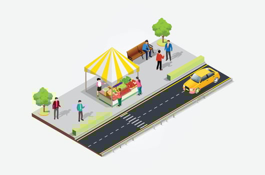Isometric Street food cafe tent with busy shoppers on the sidewalk. Suitable for Diagrams, Infographics, And Other Graphic asset vector