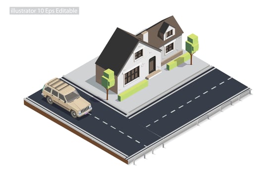 Isometric roadside mansion on the sidewalk Editable in 10 EPS. Vector Isometric Illustration Perfect for Diagrams, Infographics, And Other Graphic Assets