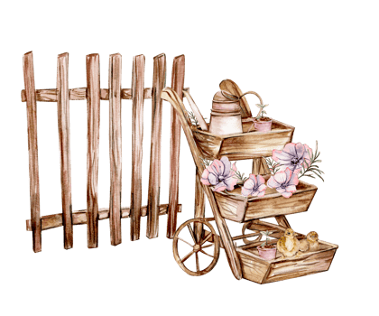 Watercolor composition of an old wooden cart and pink flower.An old rusty enamel element. Hand-drawn illustration with watercolour on a white background.Perfect for wedding invitation, greetings card. png