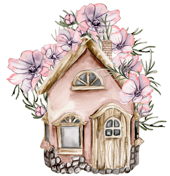 Watercolor composition of an old wooden farm house and pink flower  . Hand drawn illustration with watercolour on a white background. Perfect for wedding invitation, greetings card. png
