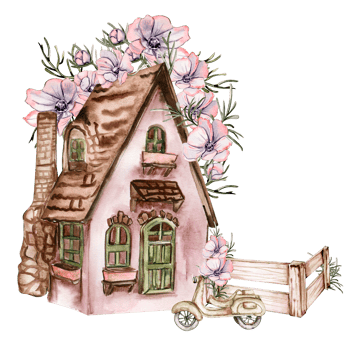Watercolor composition of an old wooden farm house and pink flower  . Hand drawn illustration with watercolour on a white background. Perfect for wedding invitation, greetings card. png