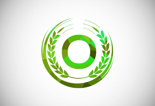 Alphabet O sign with a wheat wreath. Polygonal low poly organic wheat farming logo concept. Agriculture logo design vector template.