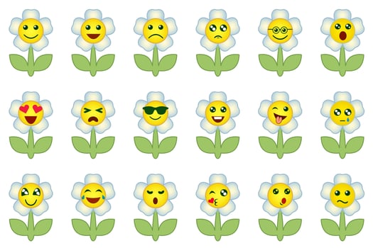 Flower emoticons set. Group of funny flowers, cartoon illustrations with different emotion, happy, sad, laughing and crying. vector