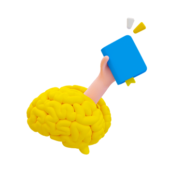3d cartoon brain development concept. Self-development. Reading a book to get a new idea. Hand holding a book coming out of a brain. 3d rendering illustration. png