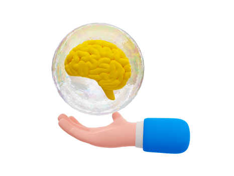 3d cartoon brain development concept. cartoon brain anatomy. Learning to get a new idea. Brain inside a bubble floating on top of a hand. 3d rendering illustration. png