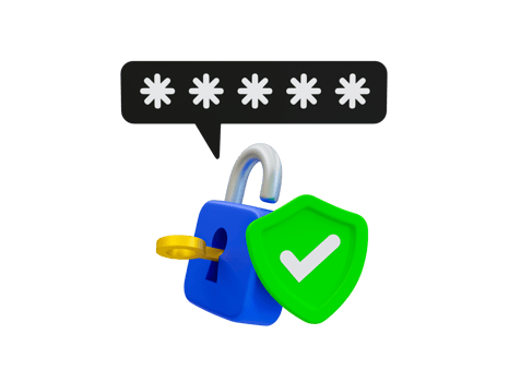 3d minimal password verification. Password authentication concept. Login success. Authorized user. Key with padlock and green shield with a check mark. concept. 3d rendering illustration. png