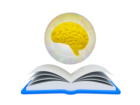 3d cartoon brain development concept. Self-development. Learning to get a new idea. Brain inside bubbles floating on top of a book. 3d rendering illustration. png