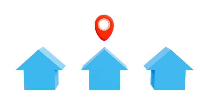 3d minimal products delivery. Parcels transportation. Goods distribution. Position mark for merchandise logistic process. simple house shapes with location icon. 3d rendering illustration. png