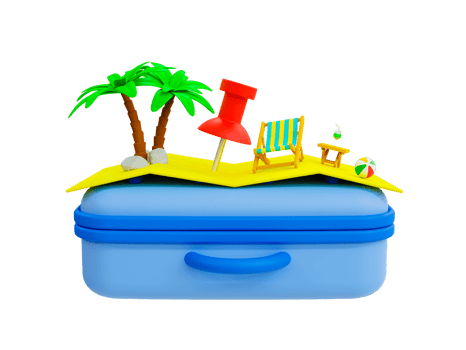 3d minimal Holiday travel concept. vacation trip. Recreational time. summer vacation time. Beach compositions on luggage palm trees, beach chair, and beach table. 3d rendering. png