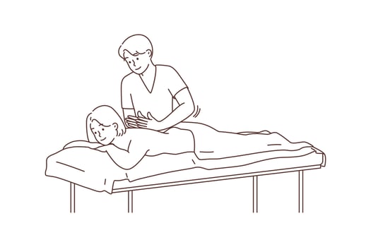 Therapist doing manual massage to female patient. Male masseur wok with woman client in spa or hospital. Wellness concept. Vector illustration.