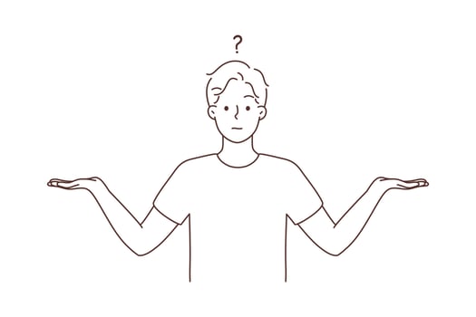 Confused man with hands as scales doubt about choice. Frustrated male make decision, have dilemma comparing options. Vector illustration.