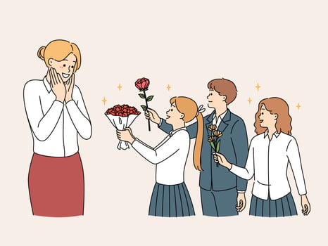 Happy children in uniform greeting excited young teacher presenting flowers. Smiling kids congratulate female tutor at school. Vector illustration.