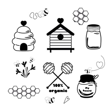 Bees set Cute honey clipart black sketch. Hand drawn bee honey isolated elements. Hive honeycomb pot spoon beekeeping. Floral bee bouquet. Sticker tag icon logo Sweet Honey design Vector illustration.