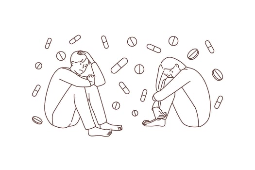 Depressed people suffer from medication dependence. Unhappy patients struggle with pharmaceutical problems. Medicine and healthcare. Vector illustration.