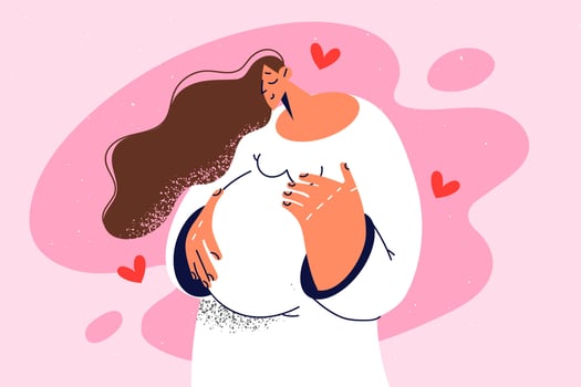 Happy young woman touching belly excited for future motherhood. Smiling pregnant female caress abdomen. Pregnancy and parenthood. Vector illustration.