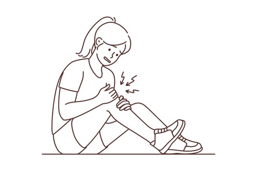 Unhealthy girl sit on ground suffer from knee pain. Unhappy unwell woman struggle with leg injury or trauma. Vector illustration.