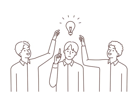 Pensive young man with light bulb above head generate idea, colleagues try to steal. Employees touch light bulb above coworker head. Rivalry and competition. Vector illustration.